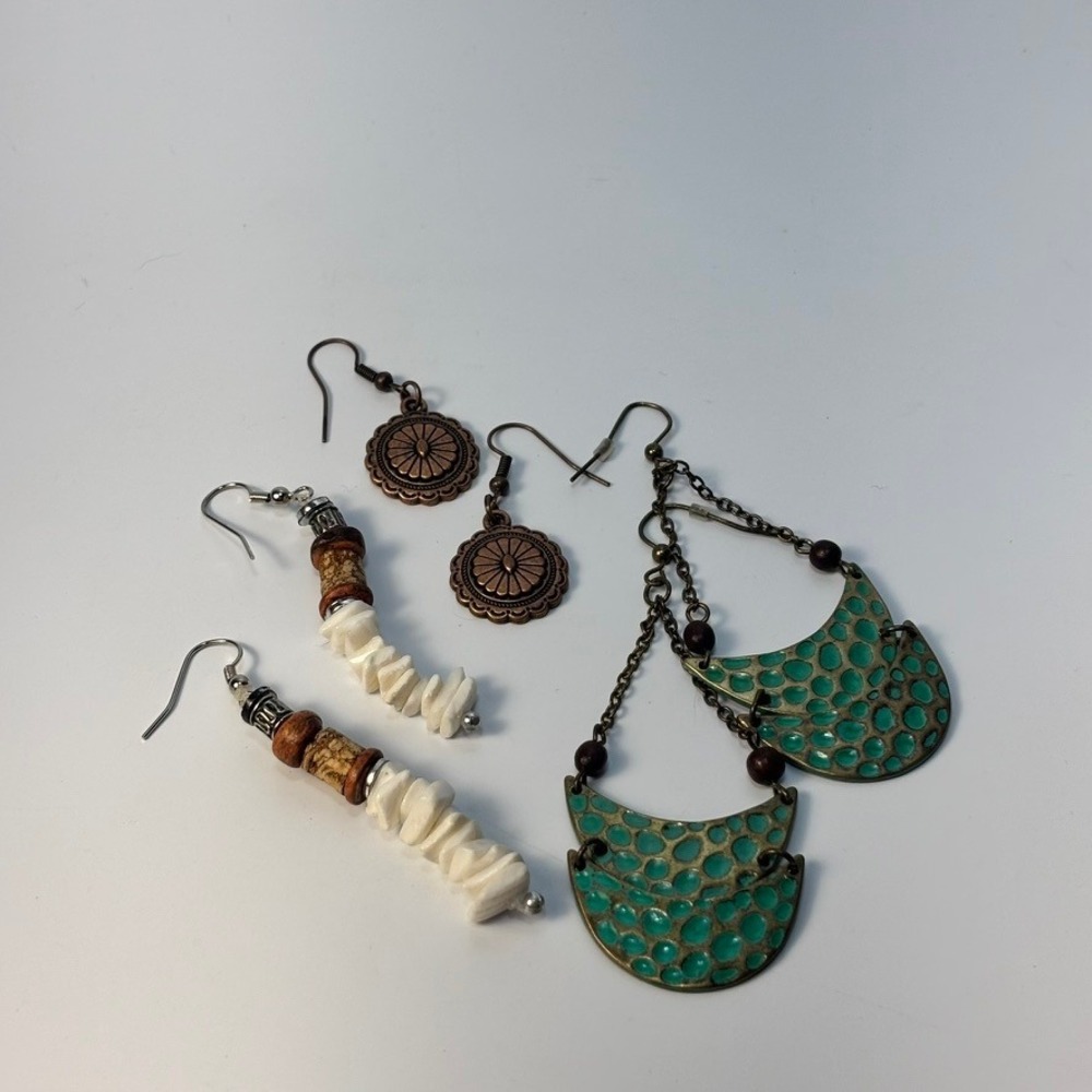 Vintage 1970s Boho Earring Lot Green White Copper Dangle Statement Whimsygoth